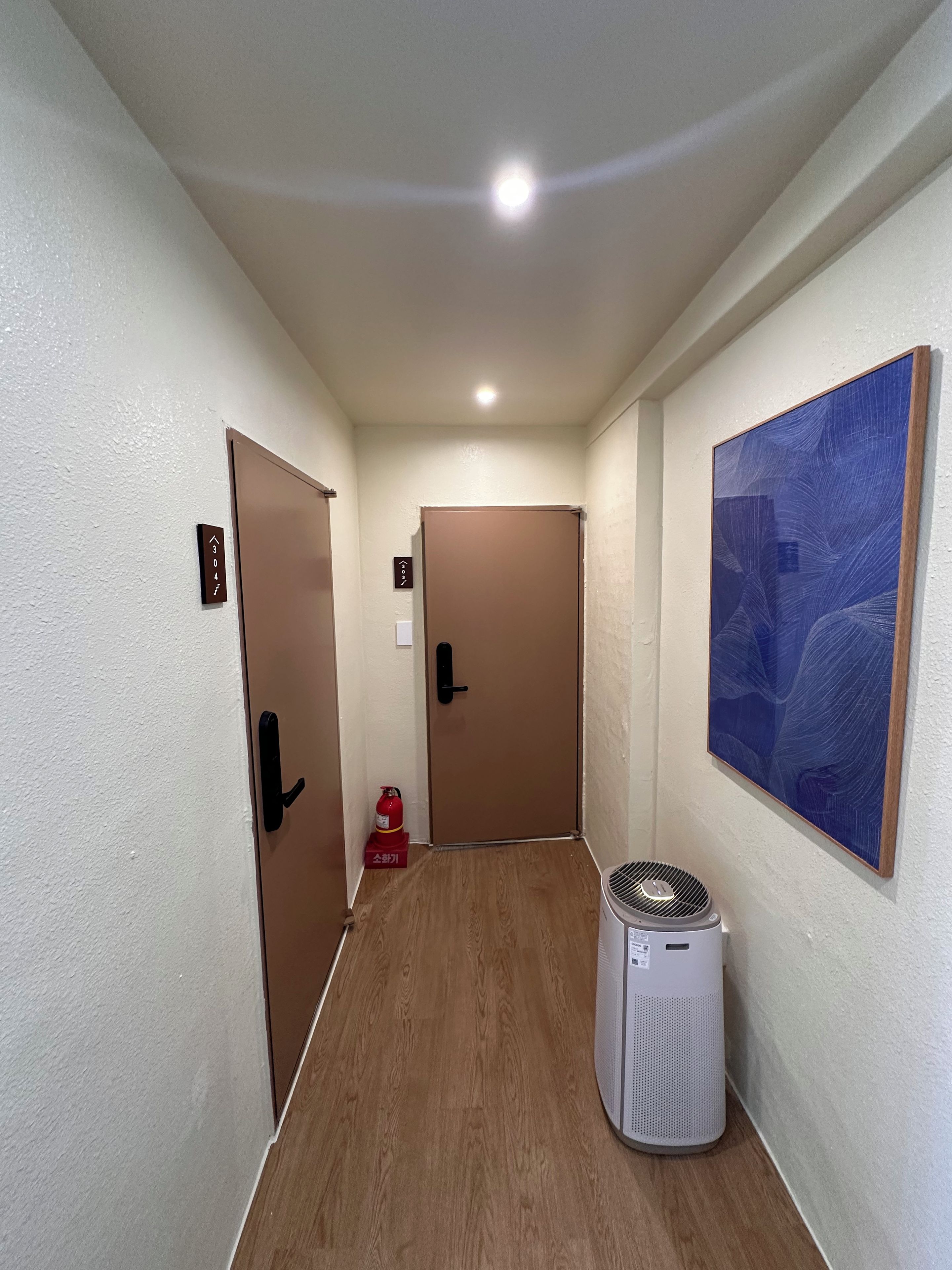 A narrow hallway with wooden flooring, two doors, a fire extinguisher, and a standing heater.