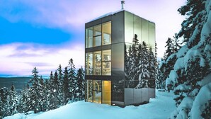 Een modern, kubusvormig gebouw met grote glasramen, omringd door met sneeuw bedekte bomen en een waterpartij op de achtergrond.