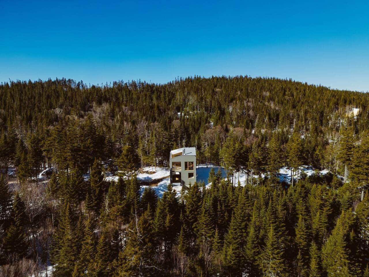 Une cabane moderne entourée d’une forêt dense, sous un ciel dégagé.