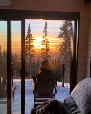 A person seated on a chair facing a glass door with a view of a snowy landscape and trees during sunset.