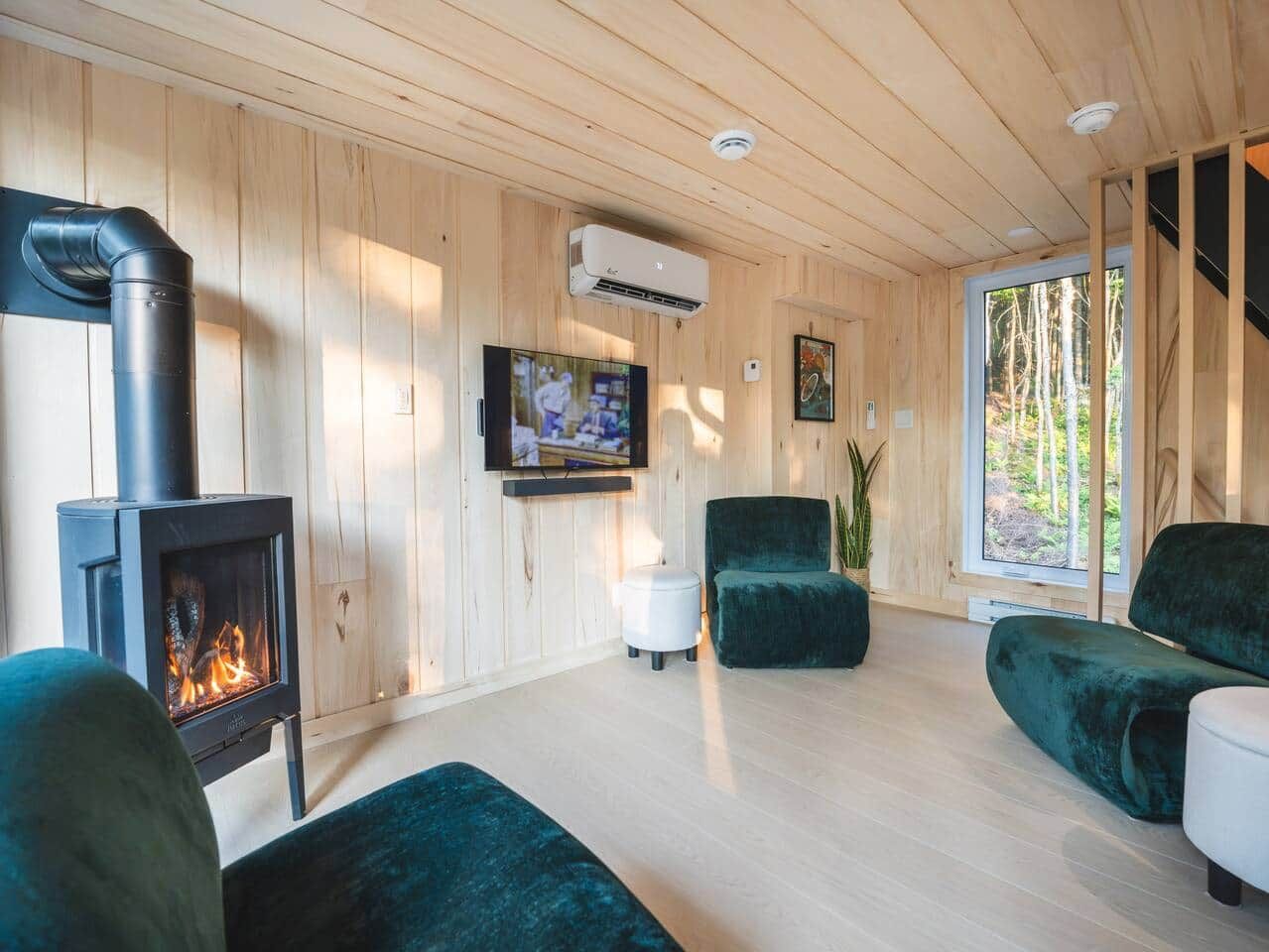 Un salon chaleureux avec un poêle à bois, une télévision et des sièges confortables.
