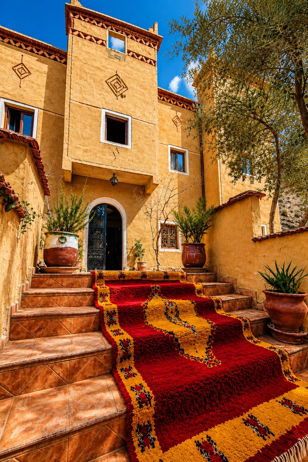 A building with a traditional design, featuring a staircase leading to a door, potted plants, and a patterned carpet.