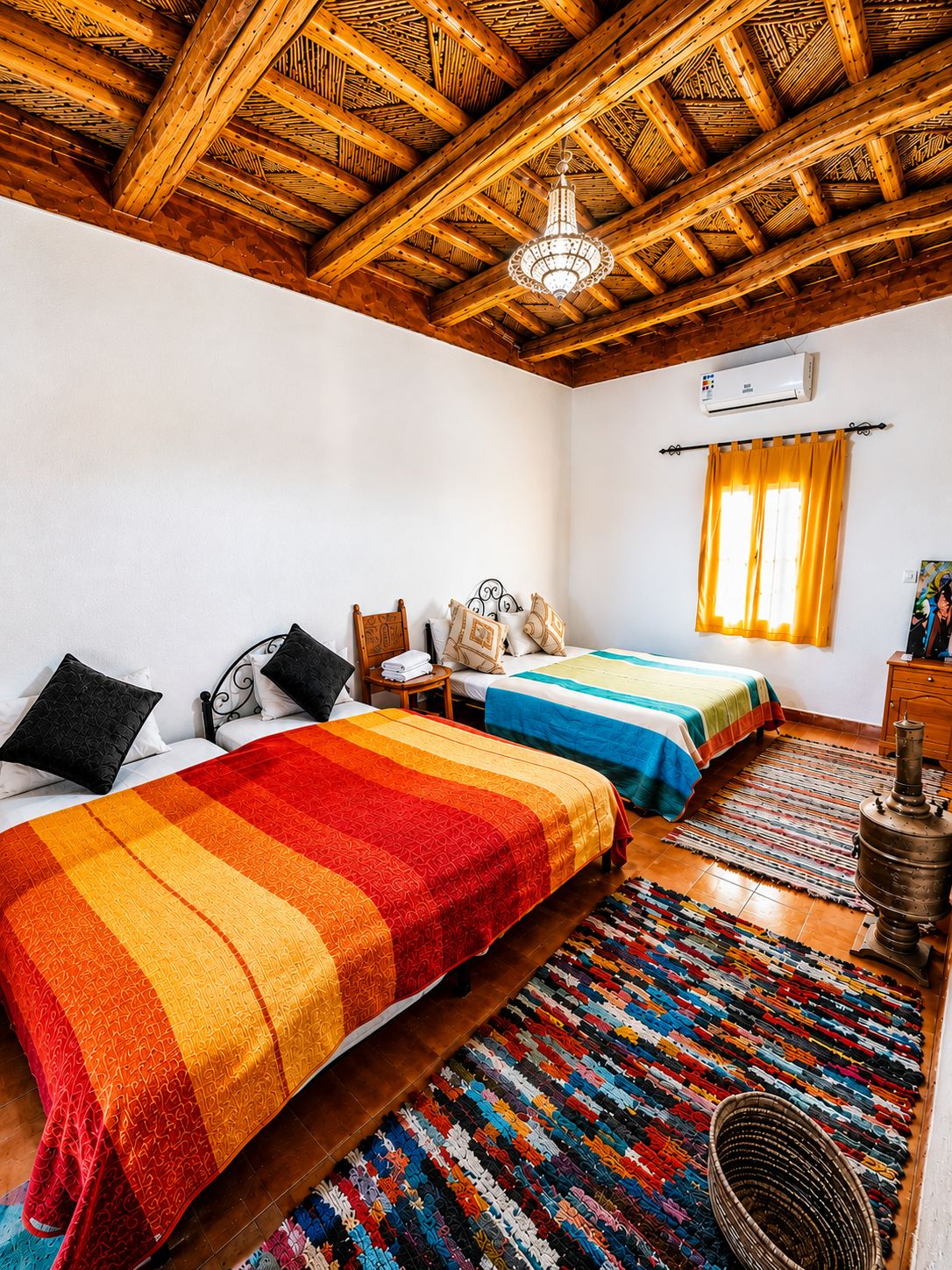 A room with two beds, a wooden ceiling, a chandelier, a window with curtains, and a colorful rug.