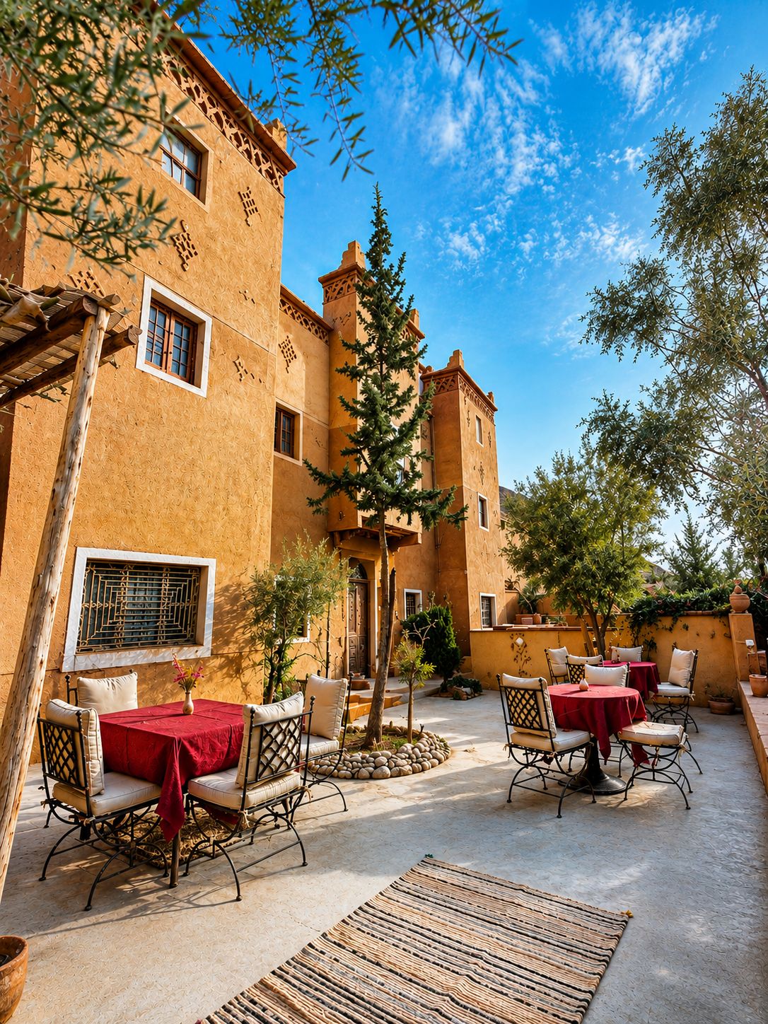 An outdoor seating area with tables and chairs, surrounded by a building with traditional architecture.