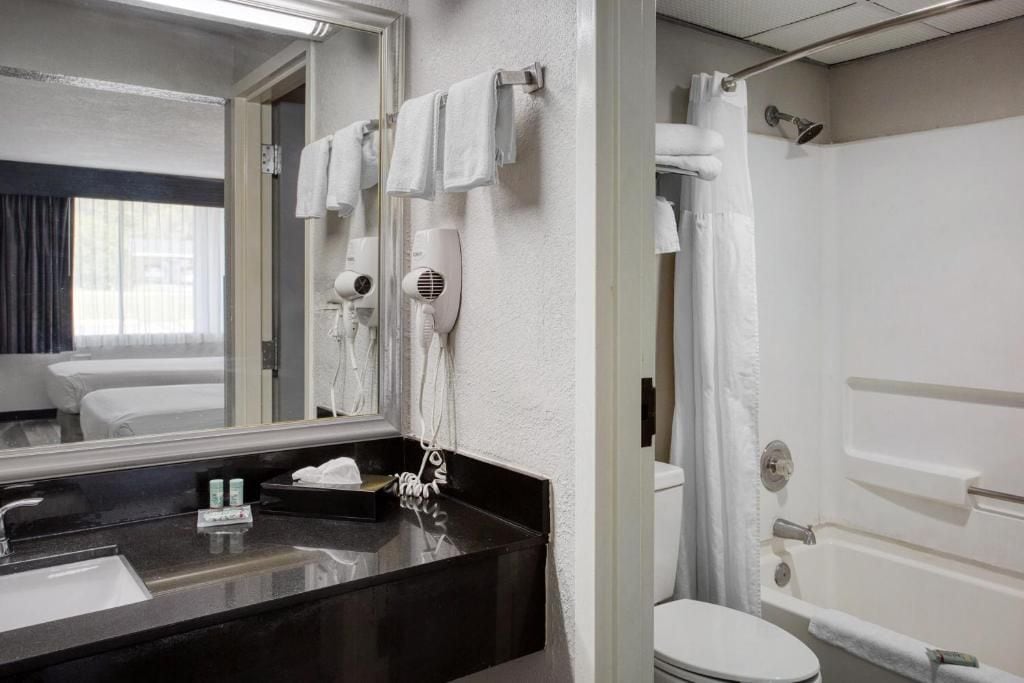 A hotel bathroom with a large mirror, a black countertop sink, a toilet, and a shower area.