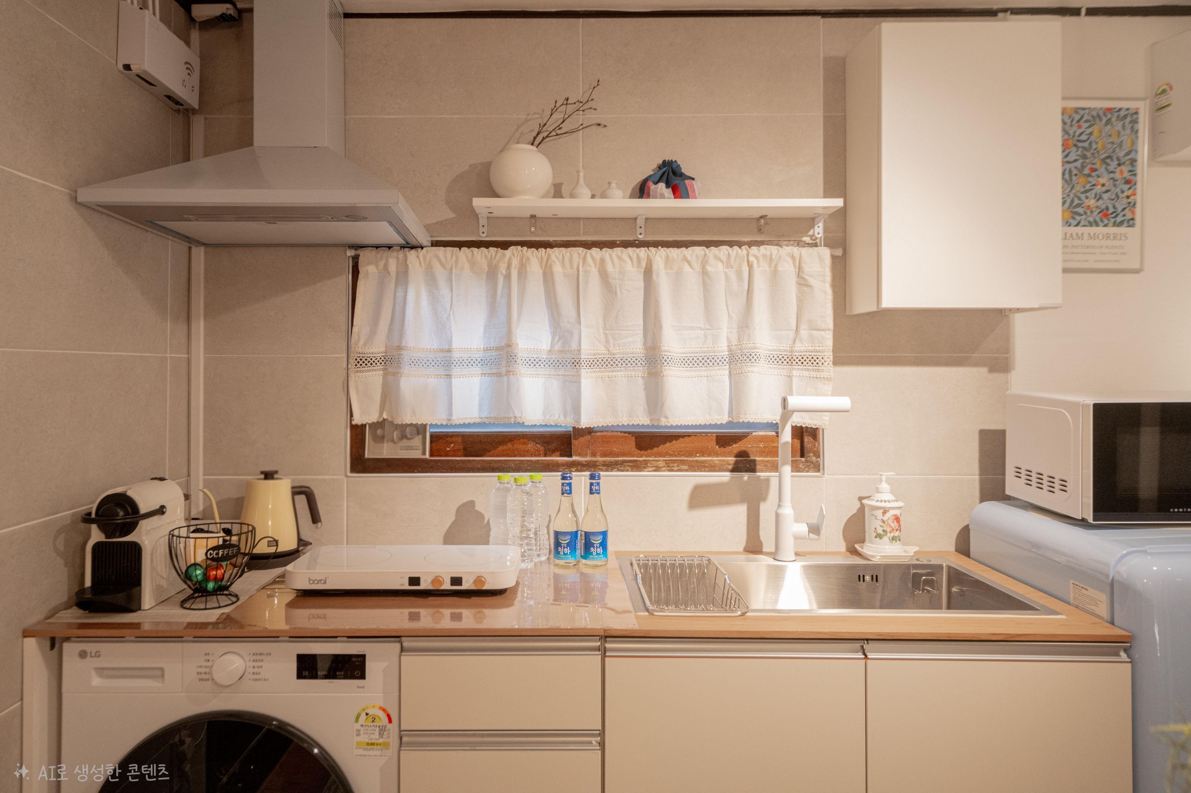 Cocina compacta con lavadora, microondas y fregadero.