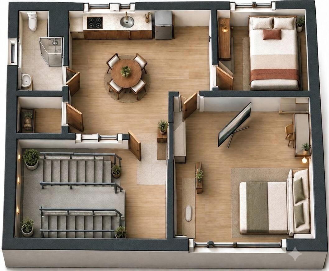 Grundriss einer modernen Wohnung mit Wohnzimmer, Küche, Essbereich und zwei Schlafzimmern.