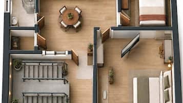 A floor plan of a modern apartment with a living room, kitchen, dining area, and two bedrooms.
