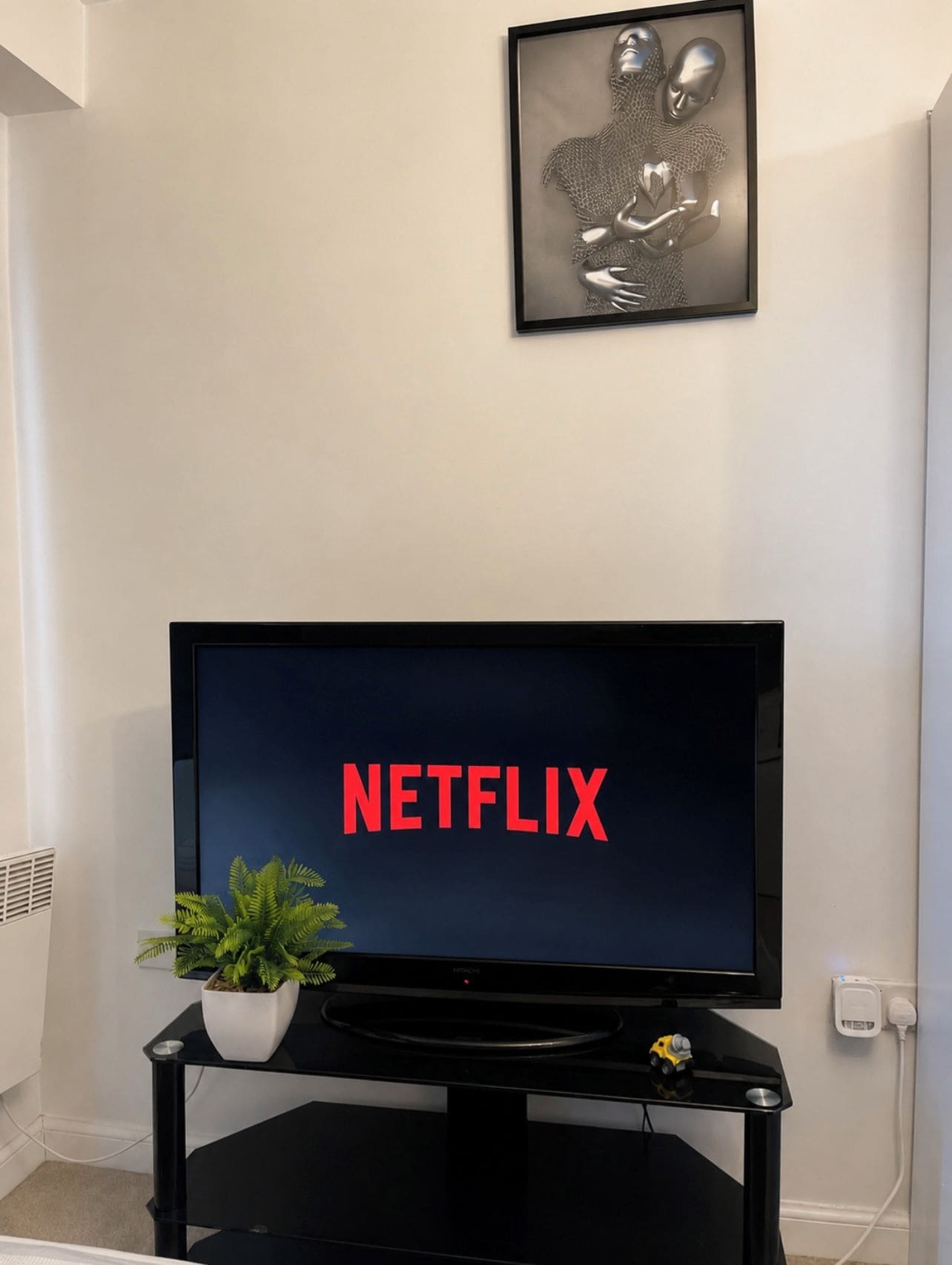A television with the Netflix logo on the screen, a potted plant, and a framed artwork on the wall.