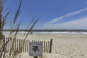 Ein Strand mit einem Schild, auf dem steht 'Save a Turtle Fill a Hole'.