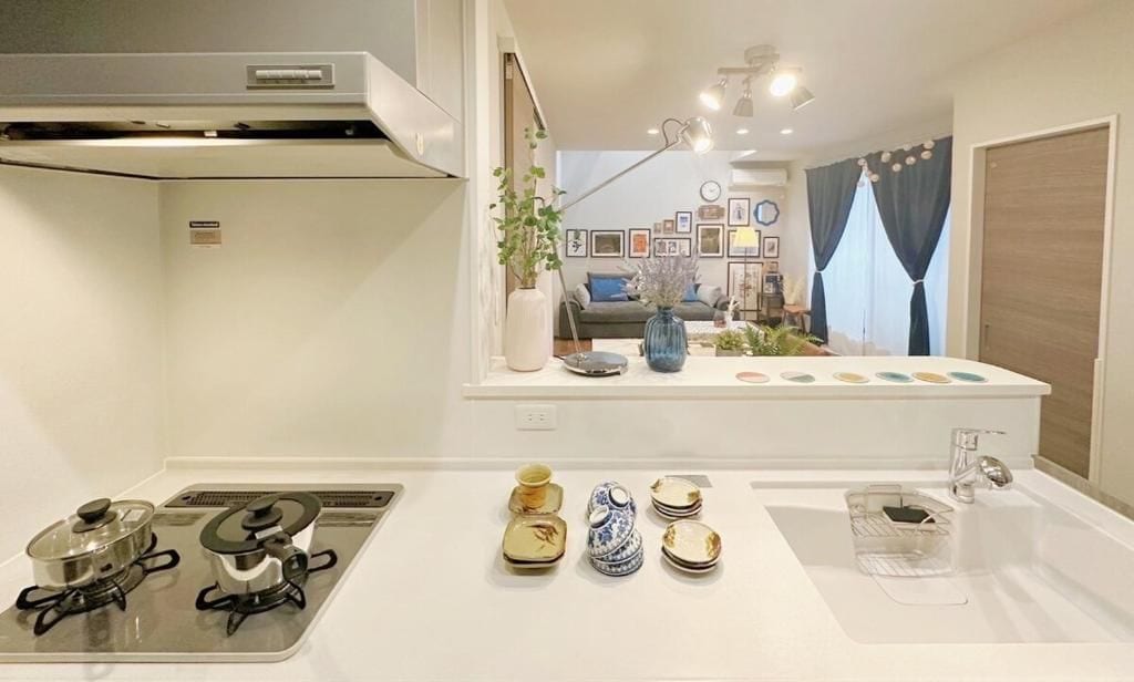 A modern kitchen with a built-in stove, a sink, and a countertop with decorative plates.