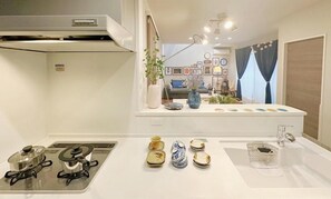 Una cocina moderna con estufa integrada, un lavamanos y una encimera decorada con platos.