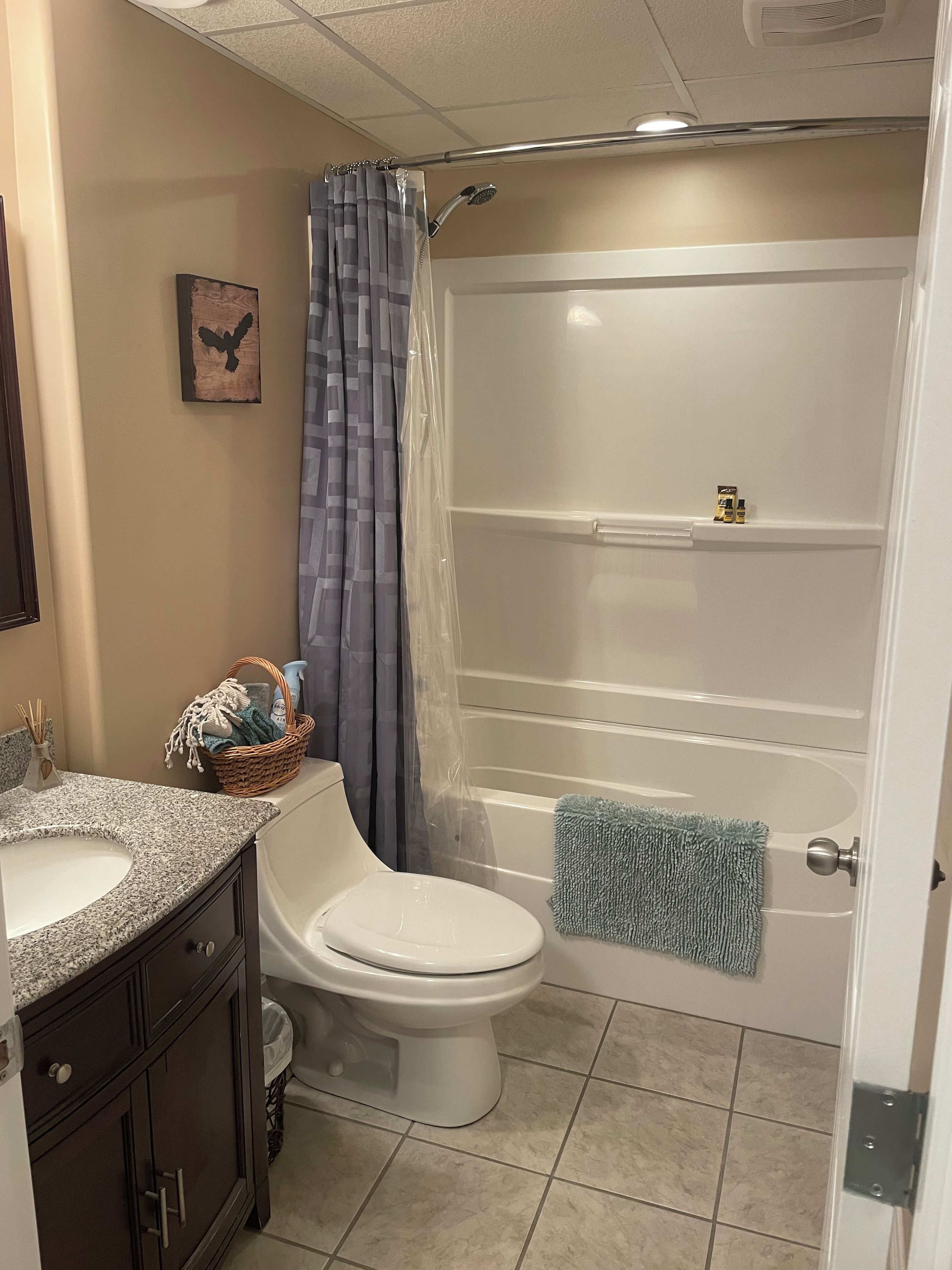 Hair dryer, towels, soap, shampoo