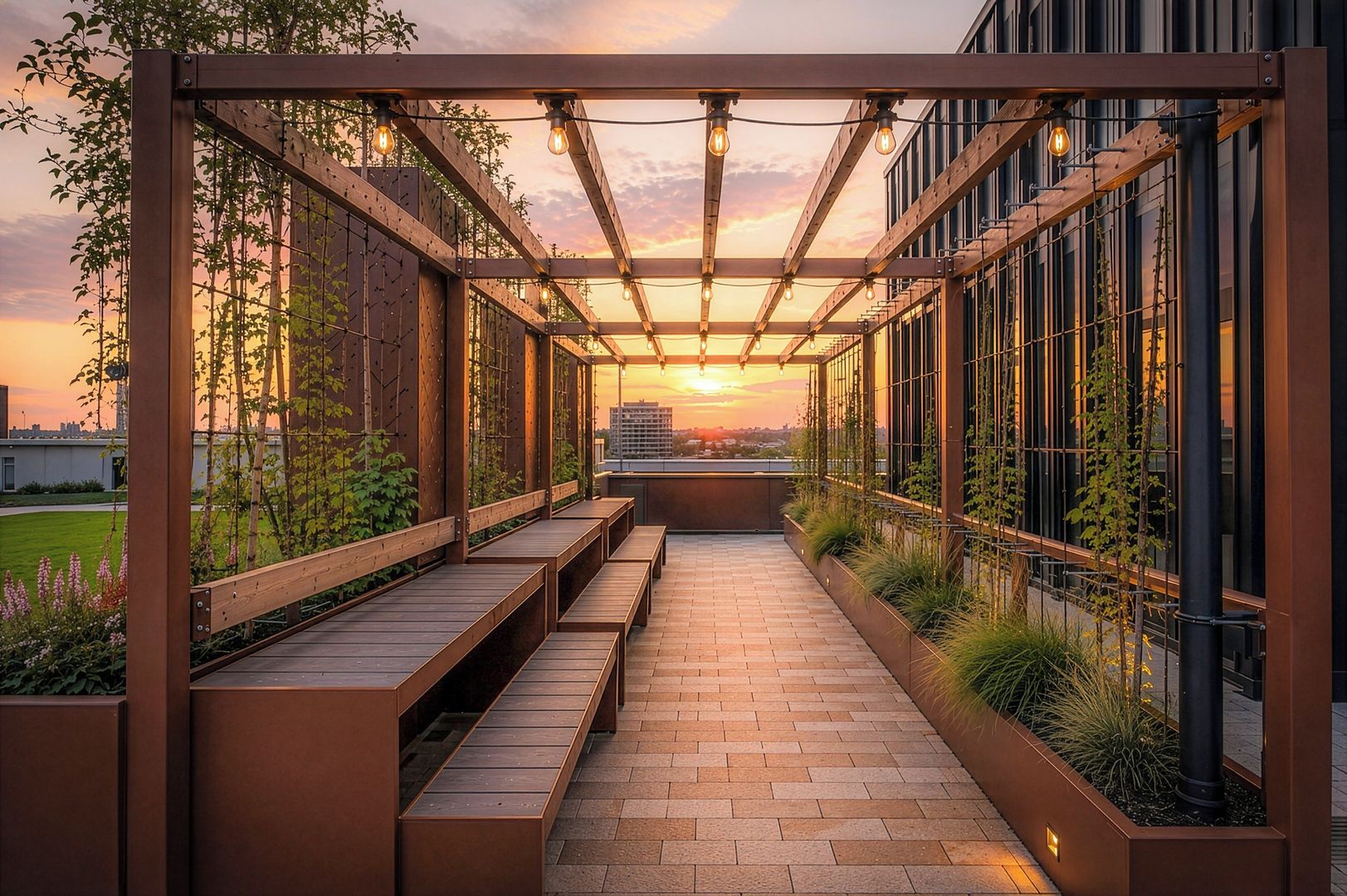An outdoor seating area with wooden benches and a brick floor, surrounded by greenery and a view of the city skyline at sunset.