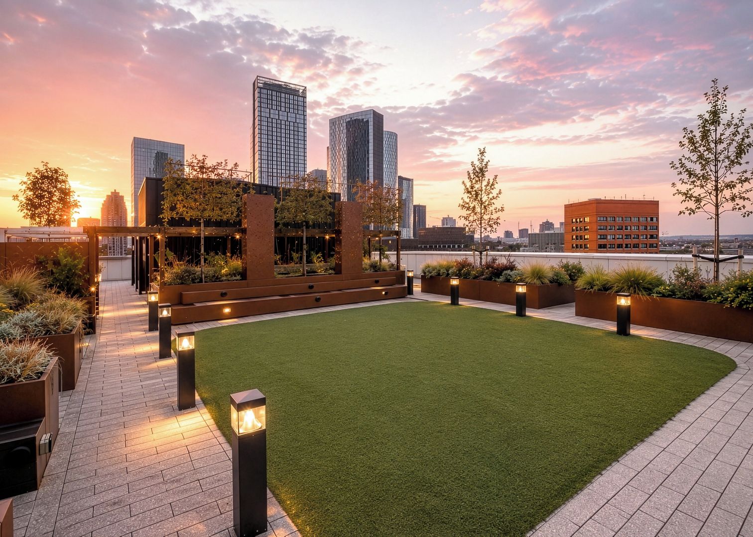 Un jardín en la azotea con un sendero, jardineras y vistas del horizonte de la ciudad.