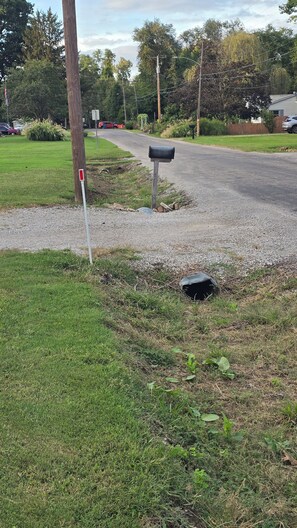A residential driveway with a mailbox, a tree, and a gravel path.