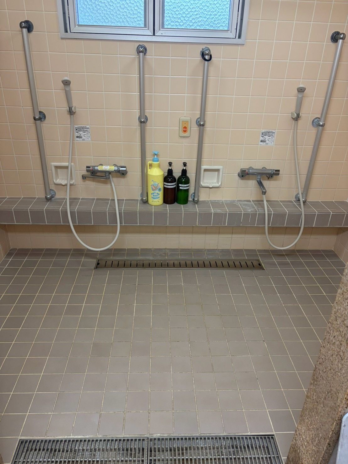 A bathroom with a shower area, handrails, and a window.