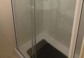 Ein Duschbereich mit Glaswänden, einer sichtbaren Dusche und einer kleinen Stufe zum Betreten.