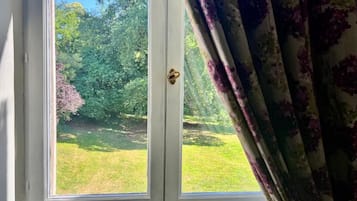A window with a view of a garden and trees.