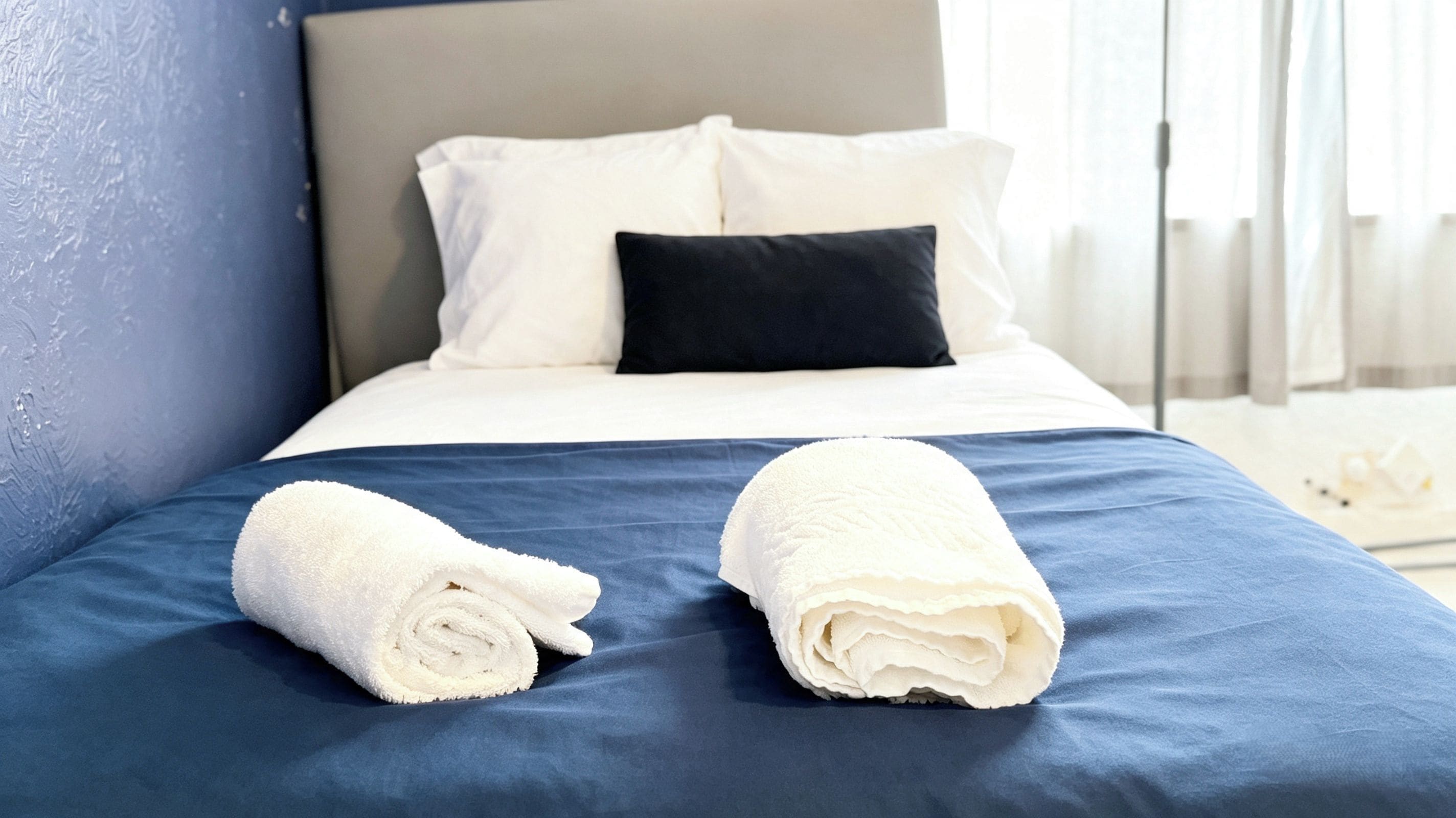 Un lit avec une couvre-lit bleue, deux serviettes blanches roulées, un oreiller blanc et un oreiller noir.