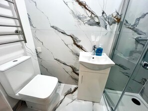 A bathroom with a white toilet, a sink with a soap dispenser, and a shower area. - Private Bedroom with kitchen Access (London)