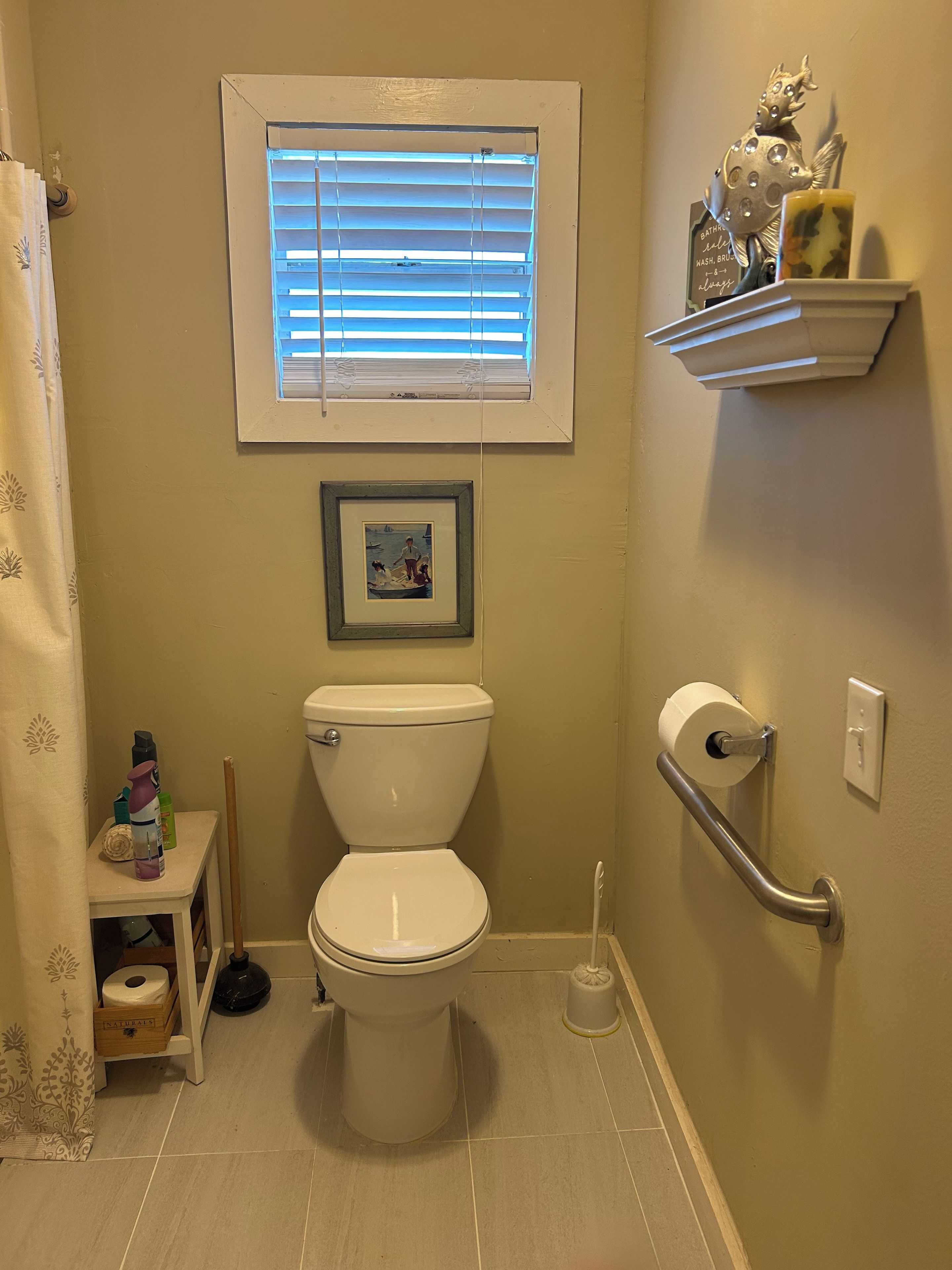 A bathroom with a toilet, a window with blinds, a picture frame, a shelf with toiletries, and a handrail.