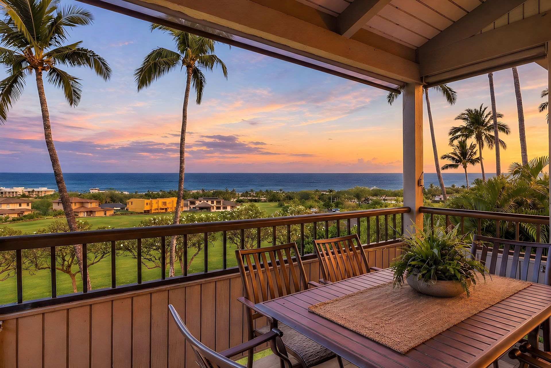A balcony with a view of the ocean and palm trees, a wooden table with chairs, and a potted plant.