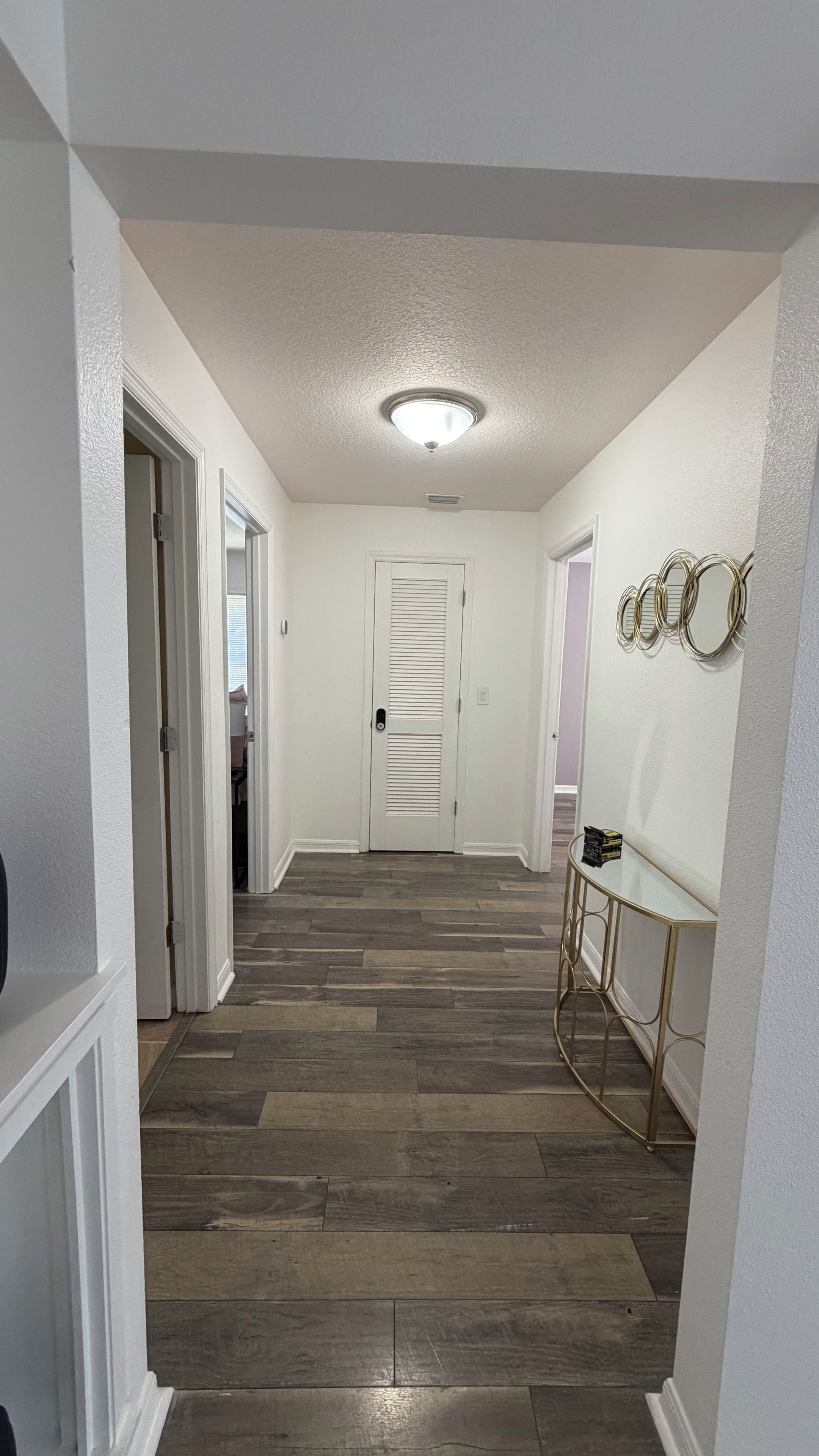 A hallway with a white door, a ceiling light, and a wall-mounted mirror.