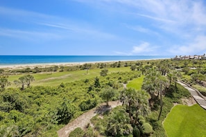 A coastal landscape with a beach, lush greenery, and a golf course. - Discover ocean views at Omni 1391 Shipwatch Circle, a 2-bed condo in Fernandina Beach. (Fernandina Beach)