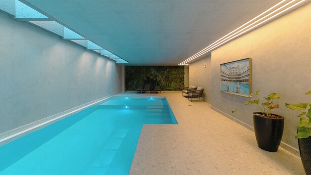 Piscina interna com teto transparente, um quadro na parede e um vaso de planta.