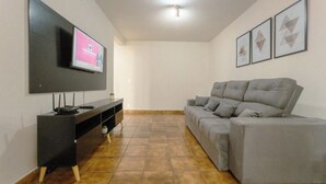 Sala de estar com sofá cinza, televisão de tela plana na parede e rack preto para aparelhos eletrônicos.