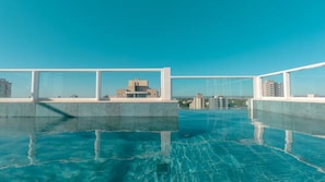 Ein Dachpool mit klarem, blauem Wasser, umgeben von Glasgeländern und Blick auf entfernte Gebäude.