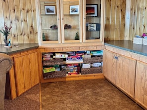 A room with wooden panel walls, a built-in shelf with board games, and a small plant on the counter.