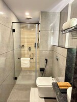A modern bathroom with a glass-enclosed shower, a toilet, and a sink area.