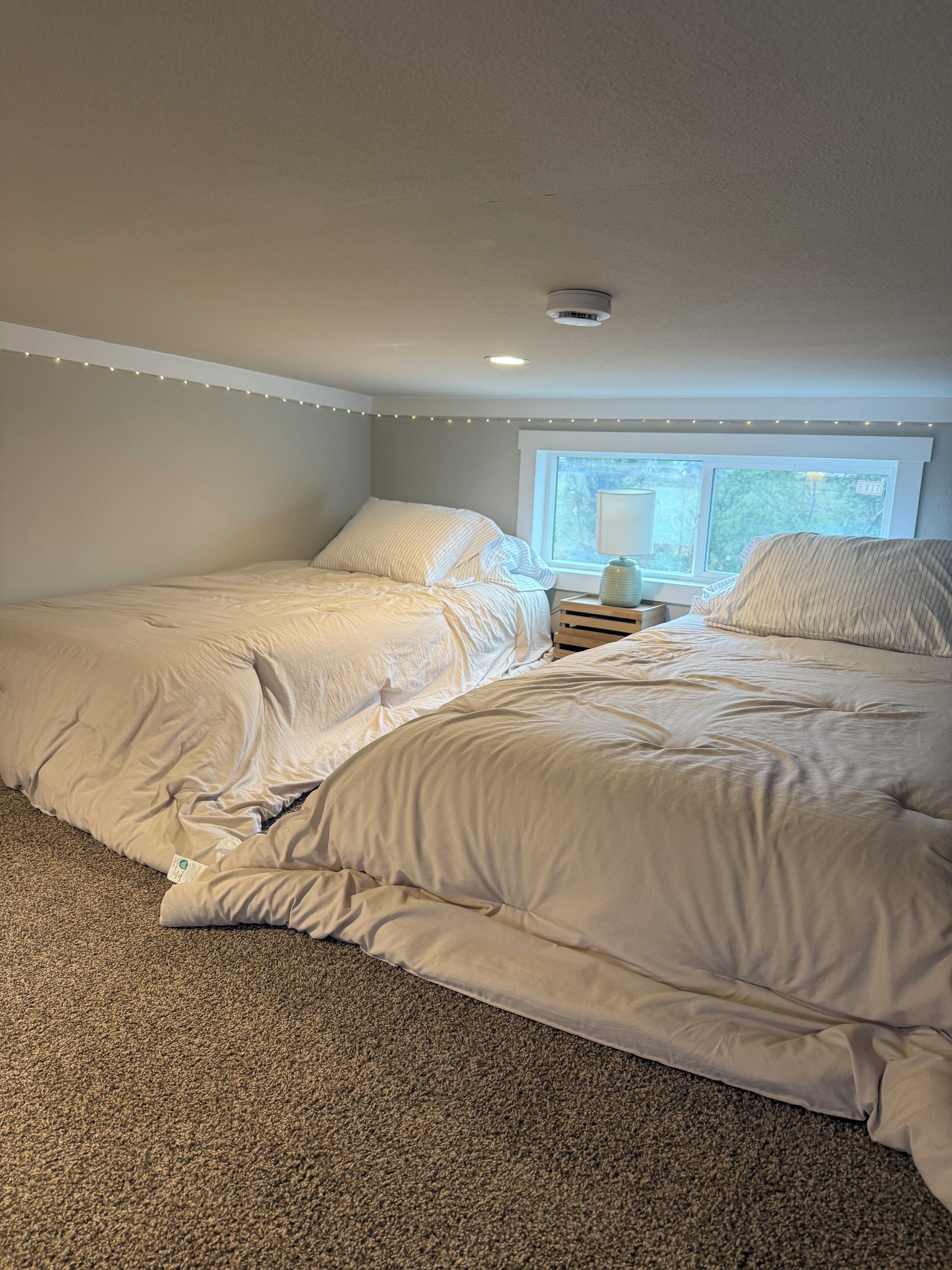 A bedroom with two beds, a window, and a nightstand.