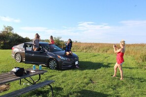 Ein Picknick mit Auto, Picknicktisch und einer grünen Wiese.