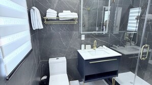A modern bathroom with a toilet, sink, and shower. - Bright apartment in Tavernier with Ac and kitchen, Tavernier key largo (Tavernier)