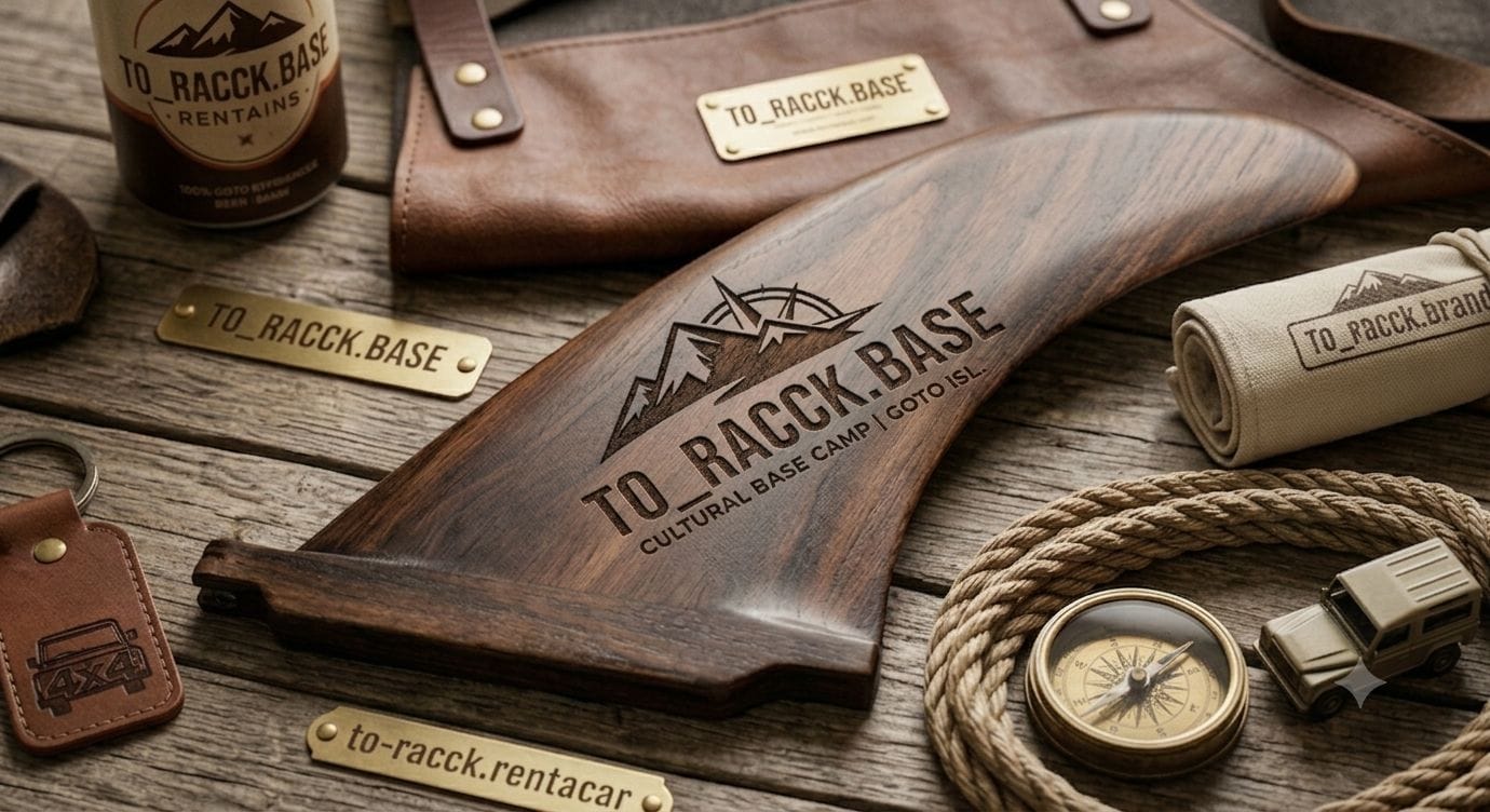 A wooden object with 'TO_RACCK.BASE' branding, surrounded by leather items and a compass.