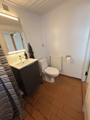 Et badeværelse med et hvidt toilet, en vask med spejl og en håndklædestang.