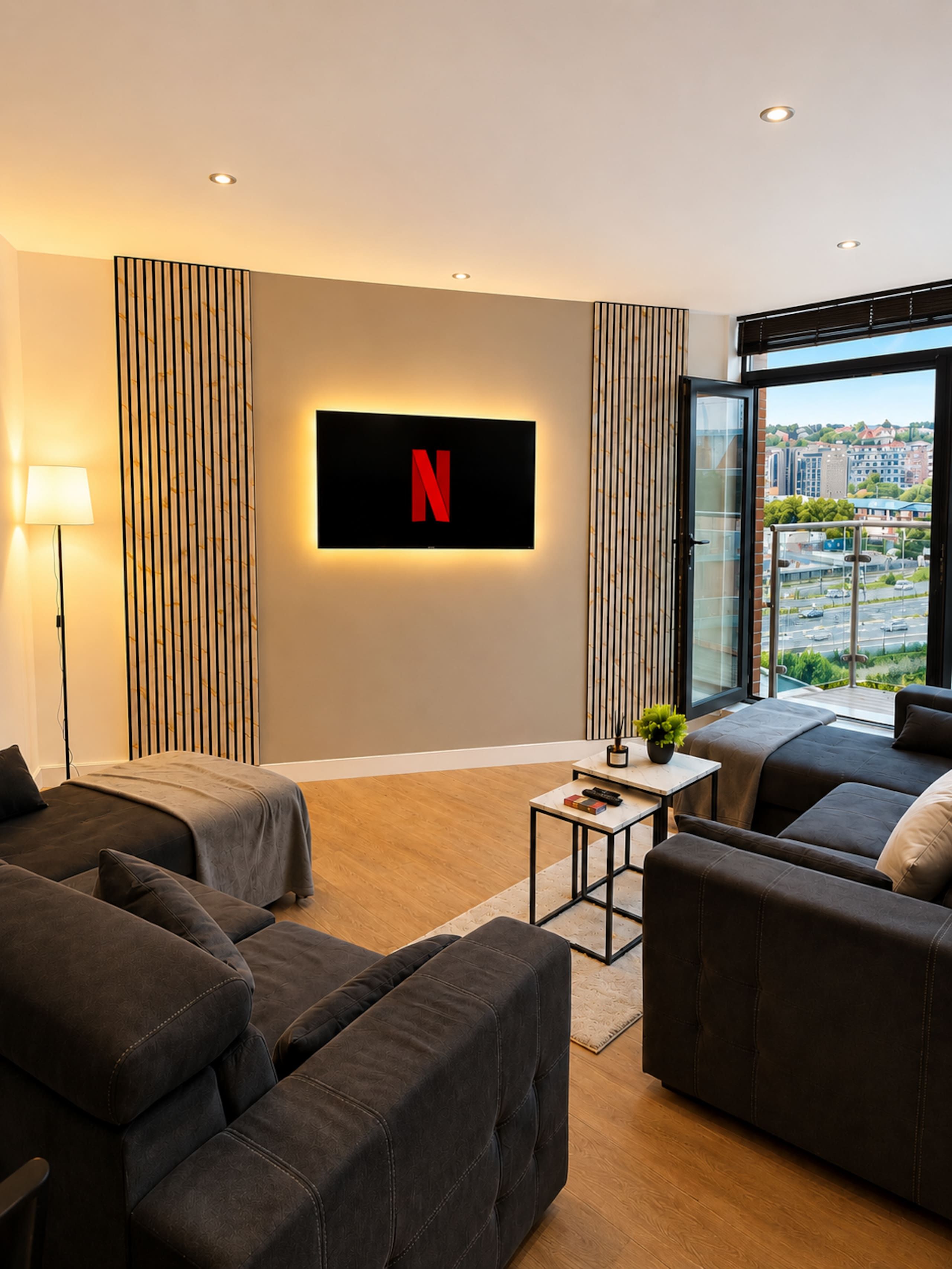 A modern living room with a large flat-screen TV mounted on the wall, a sofa set, a small table with a plant, and a view of the city through large windows.