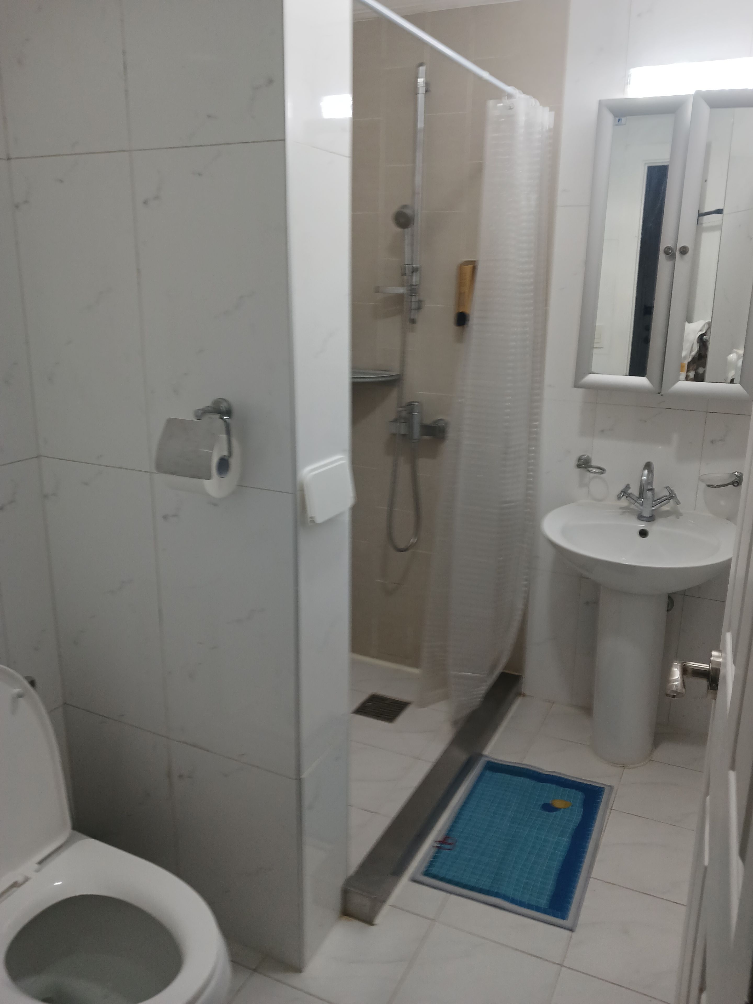 A bathroom with a toilet, a shower, and a sink.