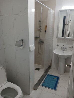A bathroom with a toilet, a shower, and a sink.