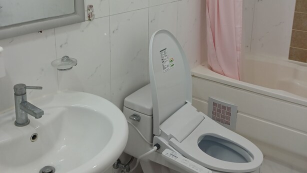 Un baño con inodoro, lavamanos y cortina de ducha.