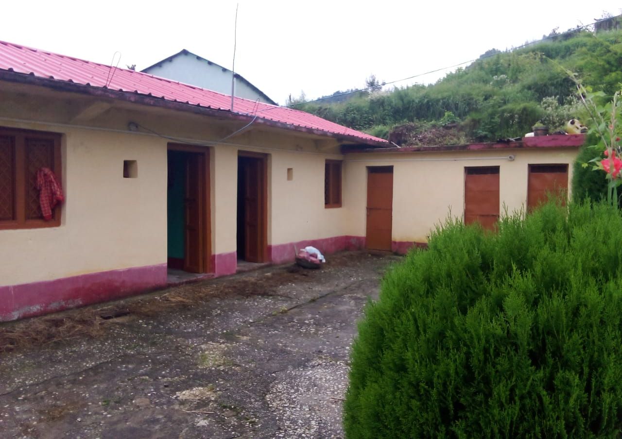 A building with multiple doors and windows, a gravel driveway, and a green bush in the foreground.