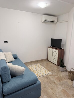 A living room with a blue sofa, a flat-screen TV on a wooden cabinet, a small potted plant, and a patterned rug. - Apartma Celeste Welcome to a cozy and comfortable apartment in Isola. (Isola)