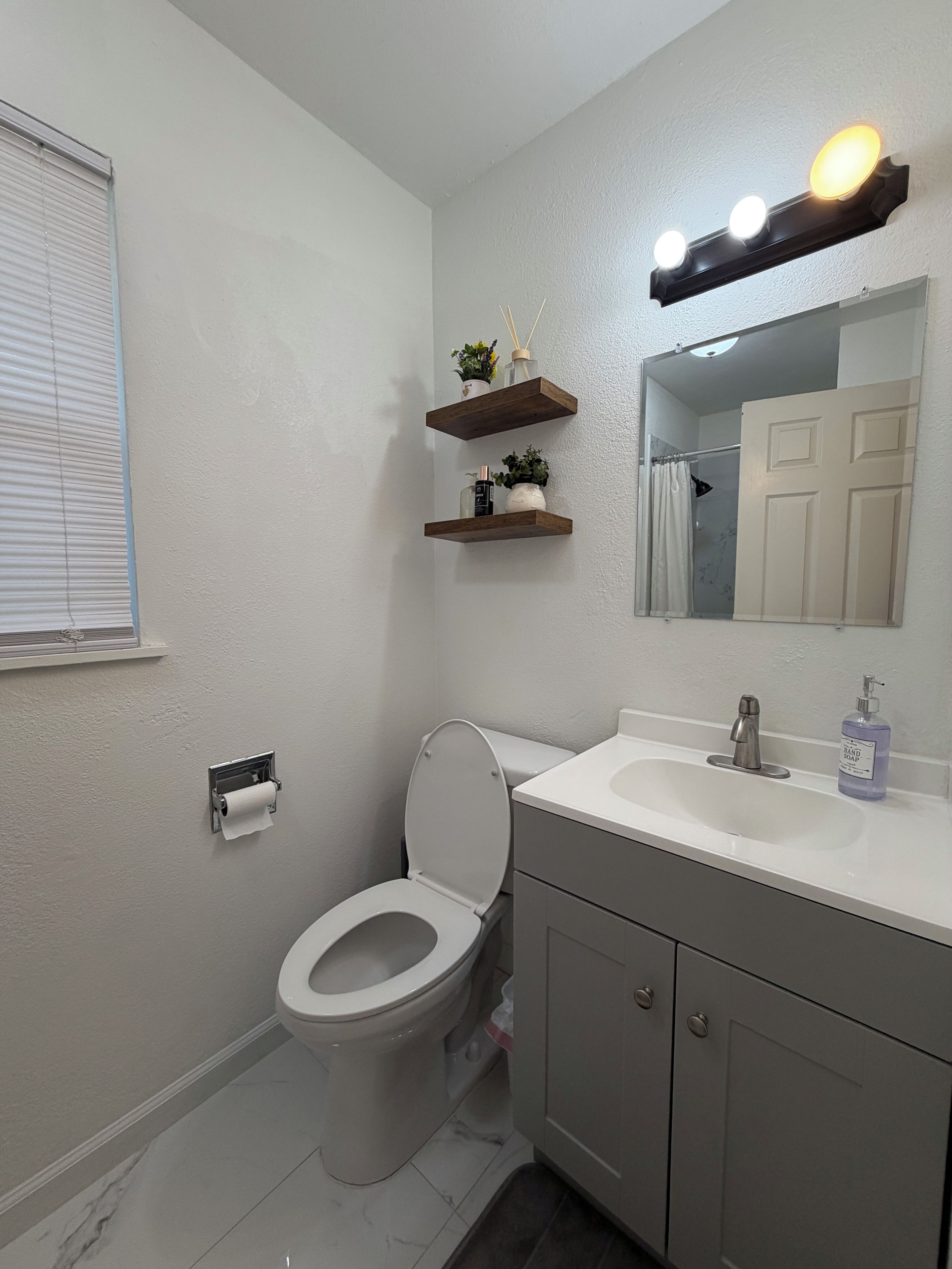 A bathroom with a toilet, sink, mirror, and shelves with plants.