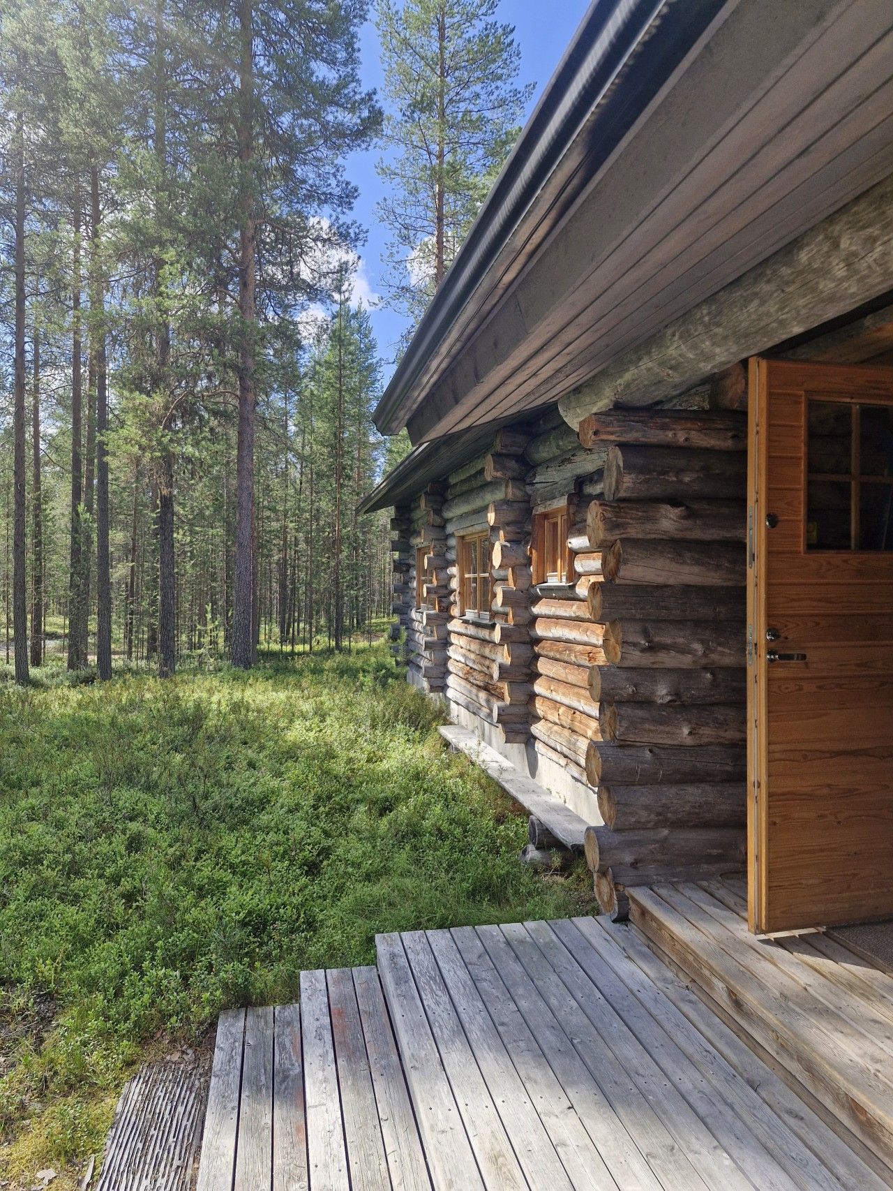 Hirsimökki, jossa on puinen terassi ja ovi, ja jonka ympärillä on metsää.