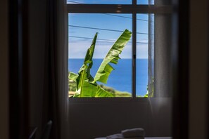 A window with a view of the ocean and banana leaves. - GuestReady - Quinta A Lealdade (Arco de São Jorge)