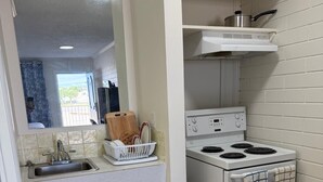A kitchen with a sink, stove, and a dish rack. - Peacevillamotel (Dawson Creek)