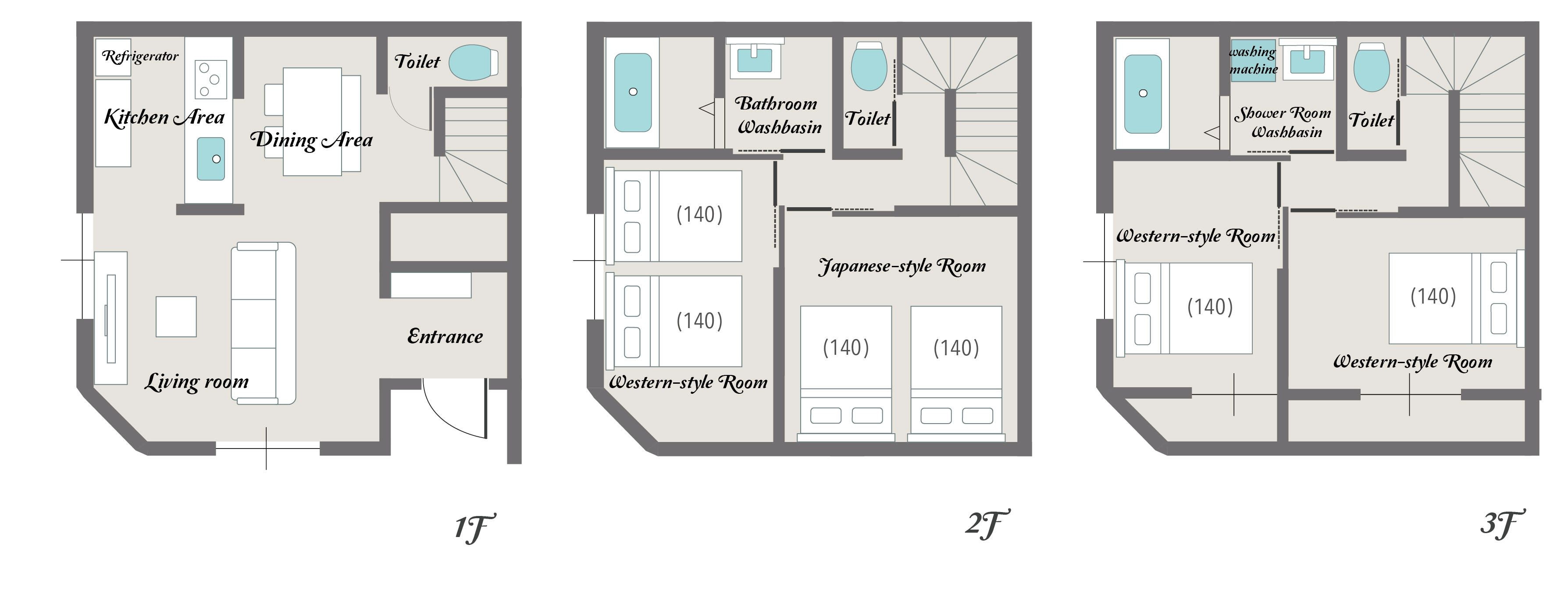 Three floor plans of a hotel with a living room, kitchen, dining area, bathroom, and two Western-style rooms.
